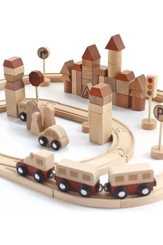 Wooden Natural Play Train Track & Block Set
