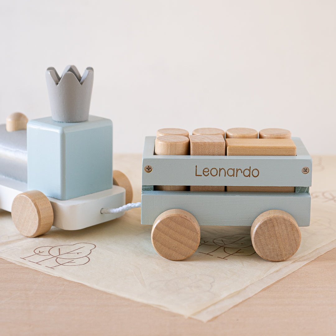 Perfectly Imperfect Blue Wooden Pull Along First Train with Wooden Blocks