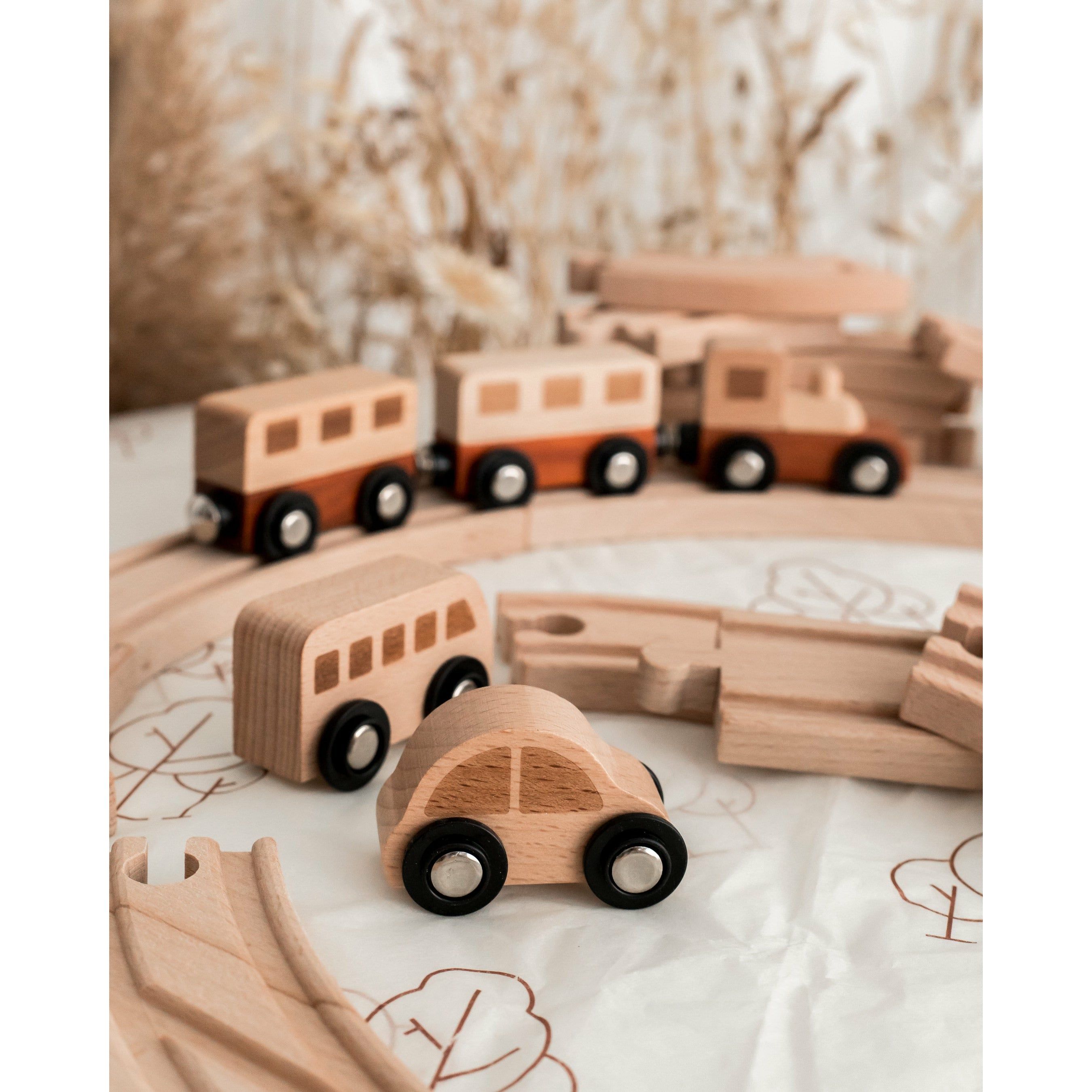 Wooden Natural Play Train Track & Block Set